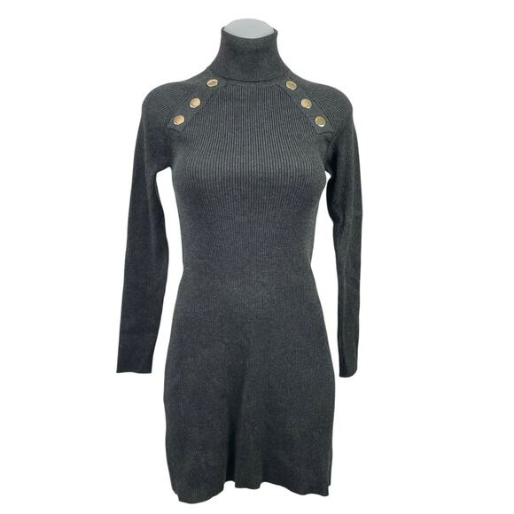 Zara Dresses & Skirts - Zara Gray Turtleneck Long Sleeve Gold Button Mini Bodycon Sheath Sweater Dress S